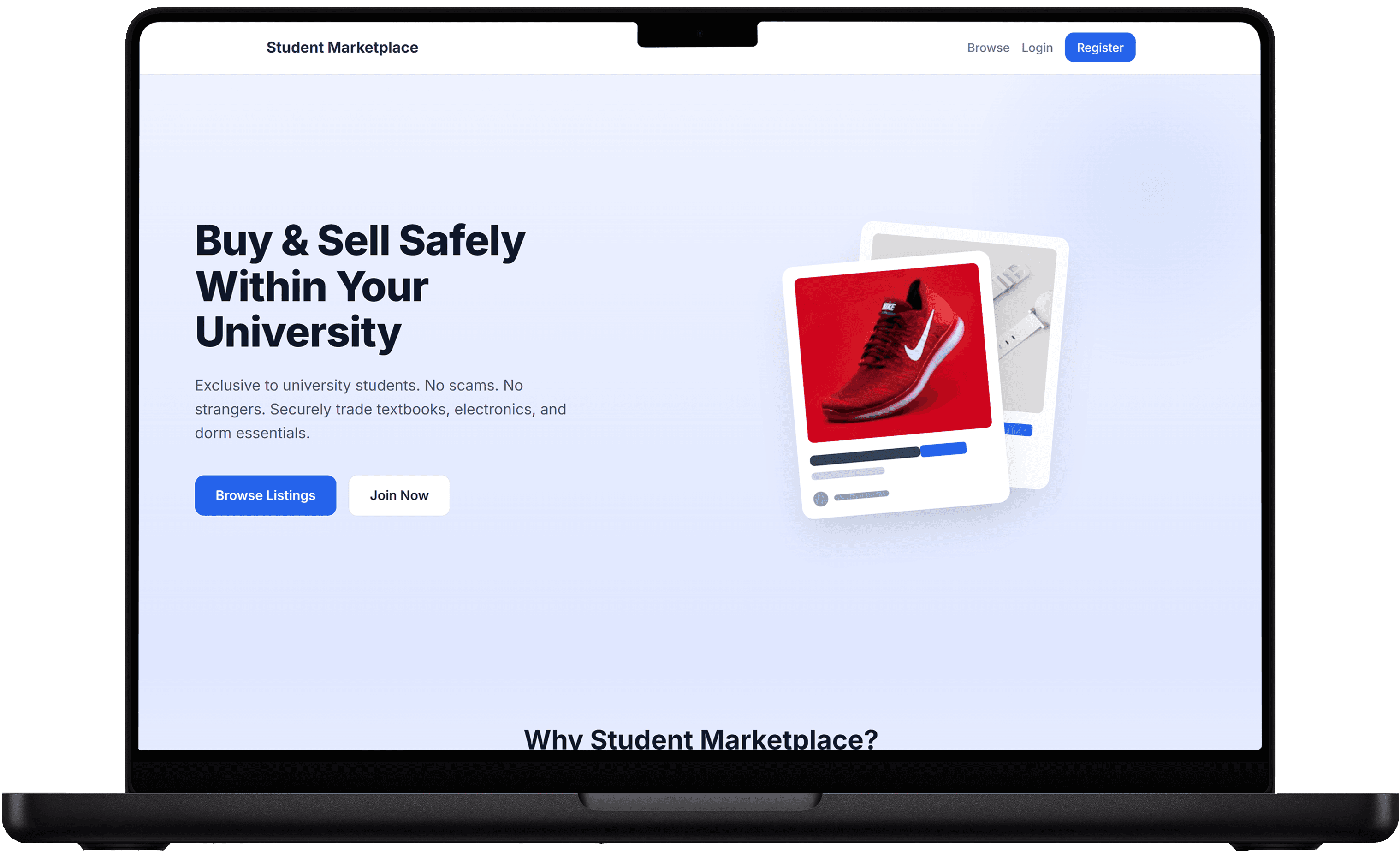 Student Marketplace displayed on a MacBook Pro